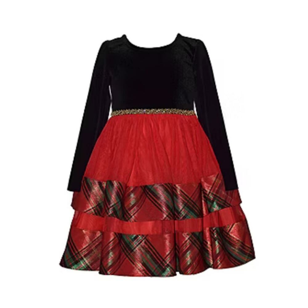 Bonnie Jean Red Velvet & Plaid Tiered Holiday Dress Girls New Christmas Size 10